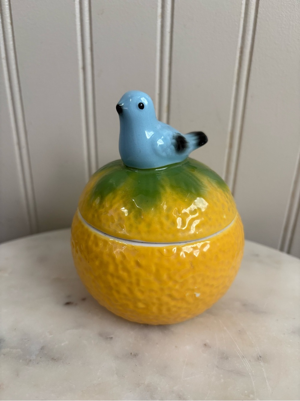 Anthropologie Lemon & Bird Ceramic Lidded Sugar Bowl Yellow/Blue Boho Bohemian